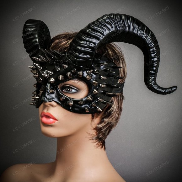 Demon Steampunk Spikes Devil with Back Twisted Horns Masquerade Eye Mask Black - Picture 3 of 6